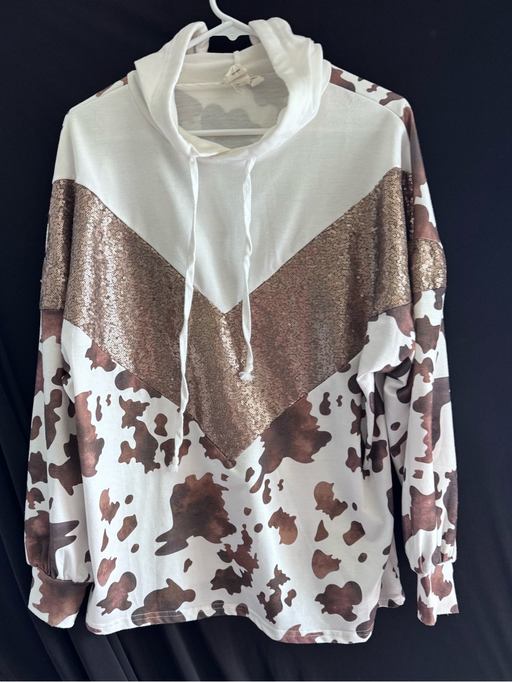 Sequin Chevron Cowlneck Sweater in White and Brown